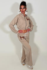 crop hoodie and wide leg jogger tracksuit co ord with letter H detail womens casual lounge set 
