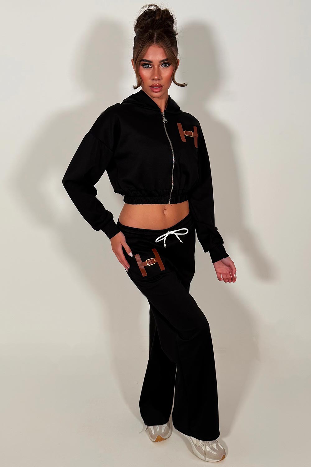 crop hoodie and wide leg jogger tracksuit co ord with letter H detail womens casual lounge set 