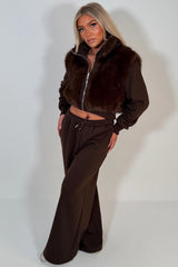 womens faux fur jacket and joggers two piece co ord set styledup uk