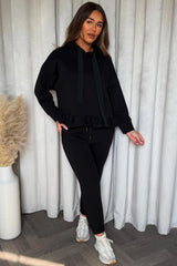 Sweatshirt And Joggers Loungewear Co Ord With Hood Peplum Frill Hem Black
