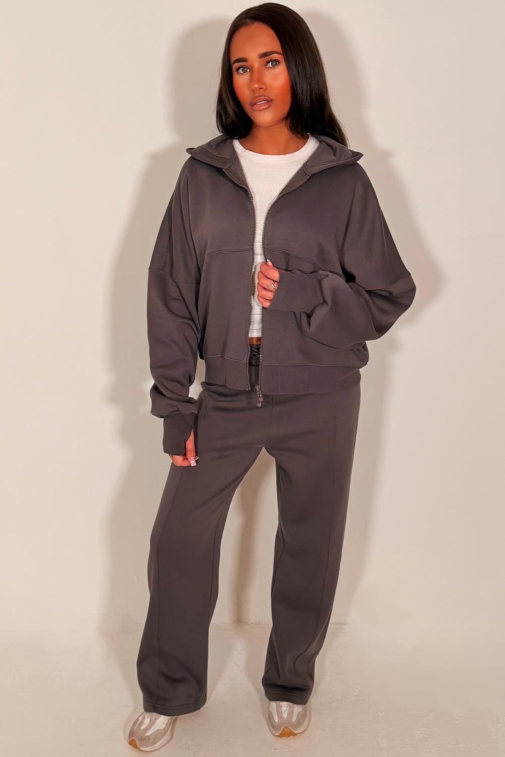 womens zip up oversized hoodie and wide leg jogger two piece co ord lounge set styledup zara uk 