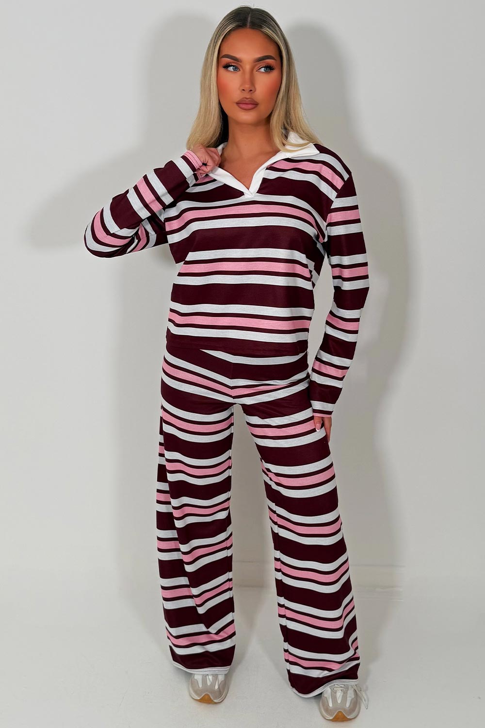 womens sweatshirt and wide leg joggers tracksuit airport outfit set striped styledup 