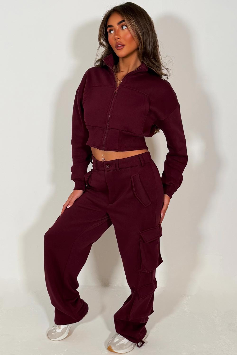 crop sweatshirt and cargo joggers co ord womens loungewear set travelling airport outfit burgundy styledup