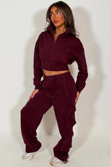 crop sweatshirt and cargo joggers co ord womens loungewear set travelling airport outfit burgundy styledup
