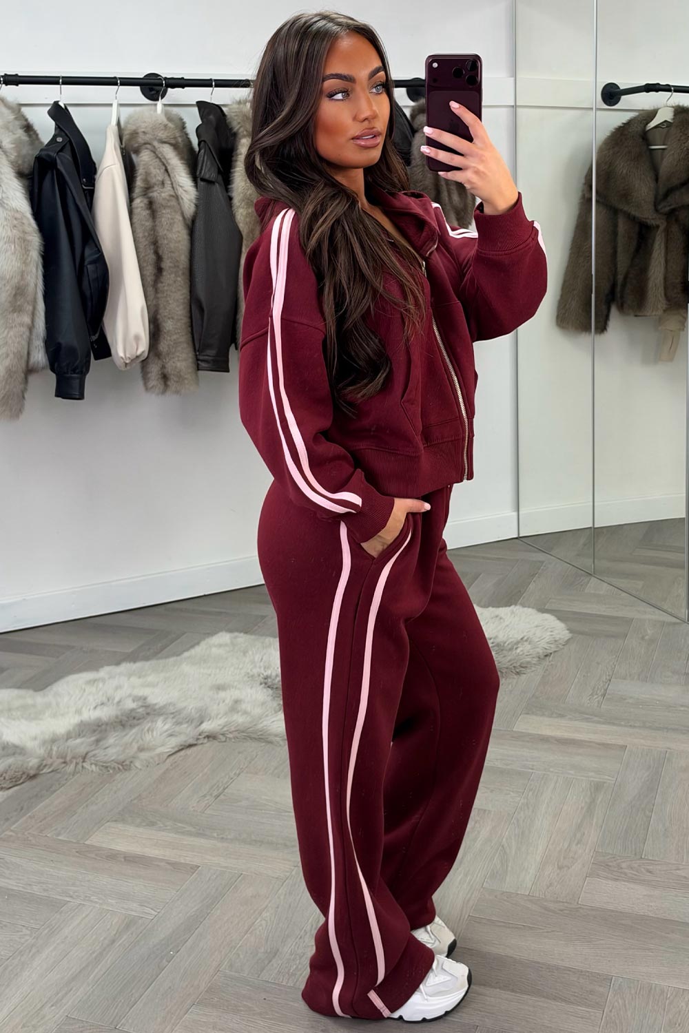 womens hoodie and joggers tracksuit set airport outfit burgundy styledup