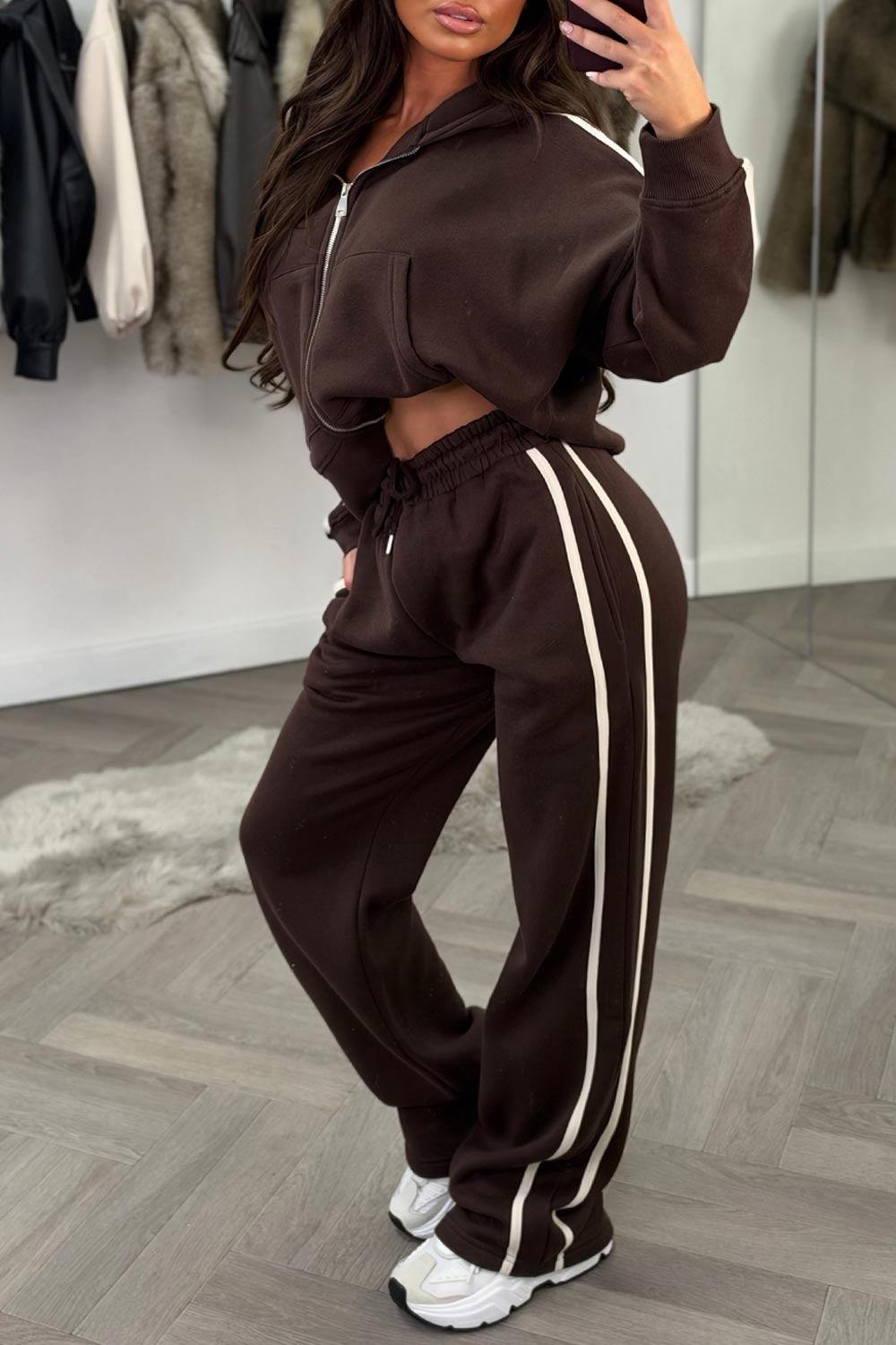 womens brown joggers and zip up hoodie tracksuit set two piece 