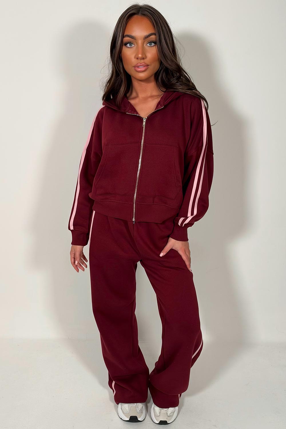 womens hoodie and joggers two piece loungewear co ord burgundy set styledup fashion airport outfit 
