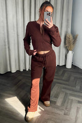 waist compress crop zip up sweatshirt and joggers tracksuit co ord airport travelling outfit set brown womens