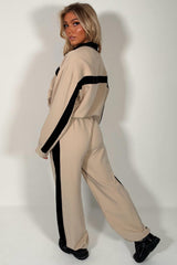 womens beige contrast panel color block loungewear tracksuit styledup uk