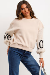 knitted sleeve love slogan jumper beige