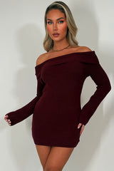 knitted long sleeve jumper dress with off shoulder neckline