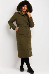 padded puffer long coat with belt and hood