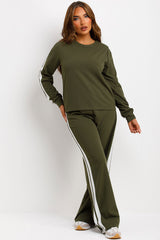 womens wide leg trousers and long sleeve jumper two piece loungewear set with side stripe