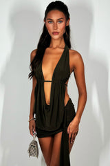 drape mini skirt and cowl halter neck backless top co ord set going out festival rave outfit