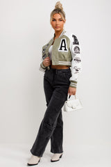 womens faux leather bomber jacket with letter detail