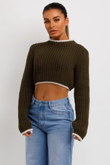 khaki long sleeve crop knitted jumper