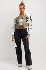 womens faux leather bomber jacket with letter detail