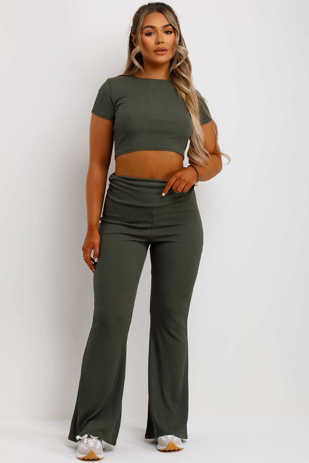 skinny flared trousers with fold over detail and crop top co order set