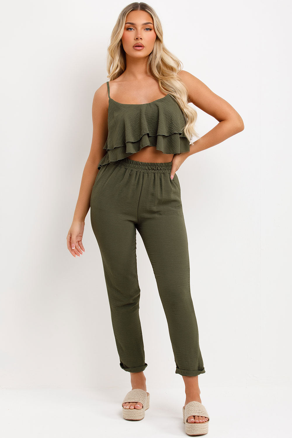 frilly ruffle top and trouser matching set summer holiday outfit