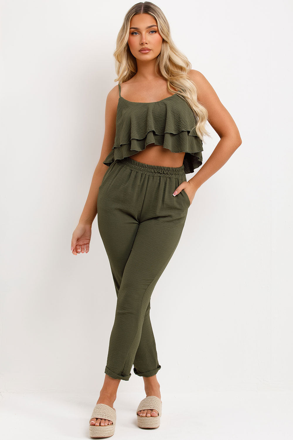 ruffle frilly top and trouser co ord set summer holiday outfit