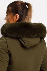 womens padded puffer long coat with belt and faux fur hood