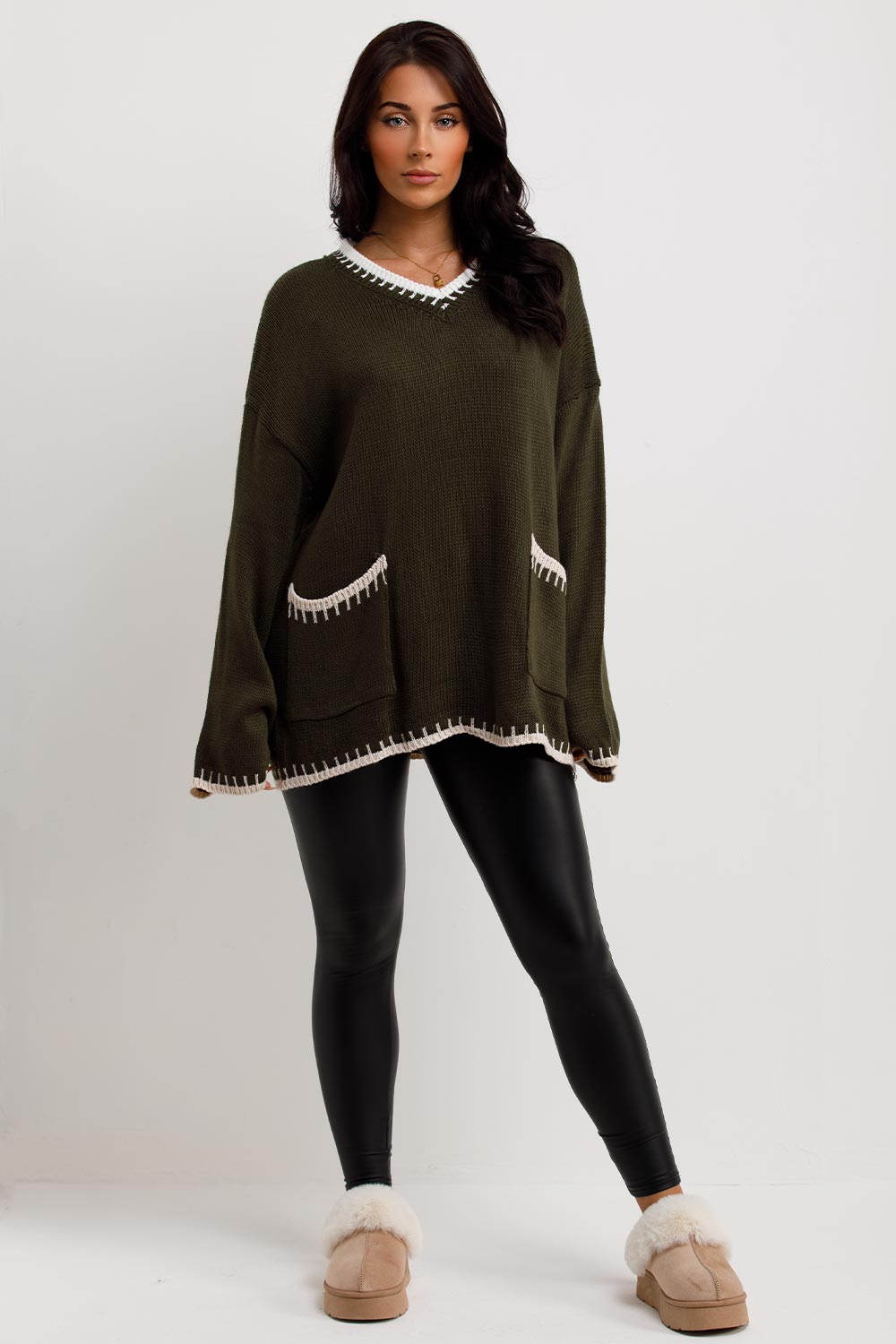 womens knitted oversized knitted jumper with contrast stitches