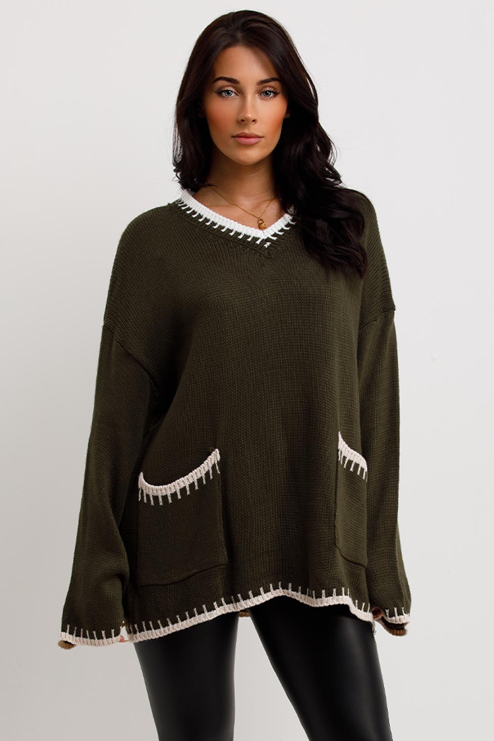 womens v neck contrast stitch oversized jumper