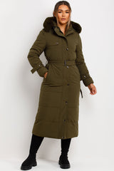 womens padded puffer coat with fur hood and belt