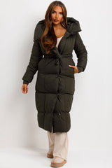 womens long puffer padded coat with hood and belt styledup