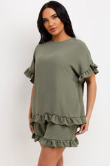 short sleeve frilly ruffle blouse and shorts two piece set womens summer holiday outfit