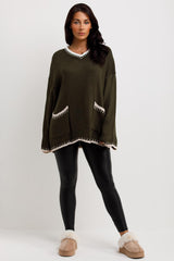 womens knitted oversized jumper with front pockets and contrast stitches