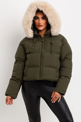 womens puffer jacket with faux fur hood