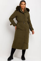 long puffer coat with fur hood and belt womens outerwear