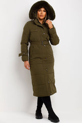 womens long padded puffer coat with belt and fur hood extremely warm