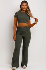 fold over ribbed skinny flared trousers and crop top co ord set 