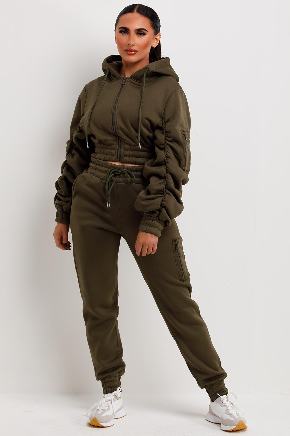 womens ruched slevee hoodie and joggers co ord set