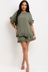 womens frilly ruffle blouse and shorts two piece co ord set