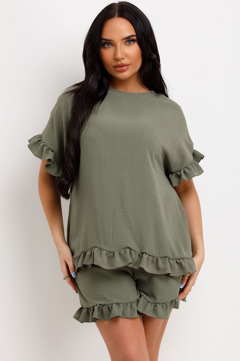 womens khaki short sleeve frill ruffle blouse and shorts two piece set summer holiday outfit