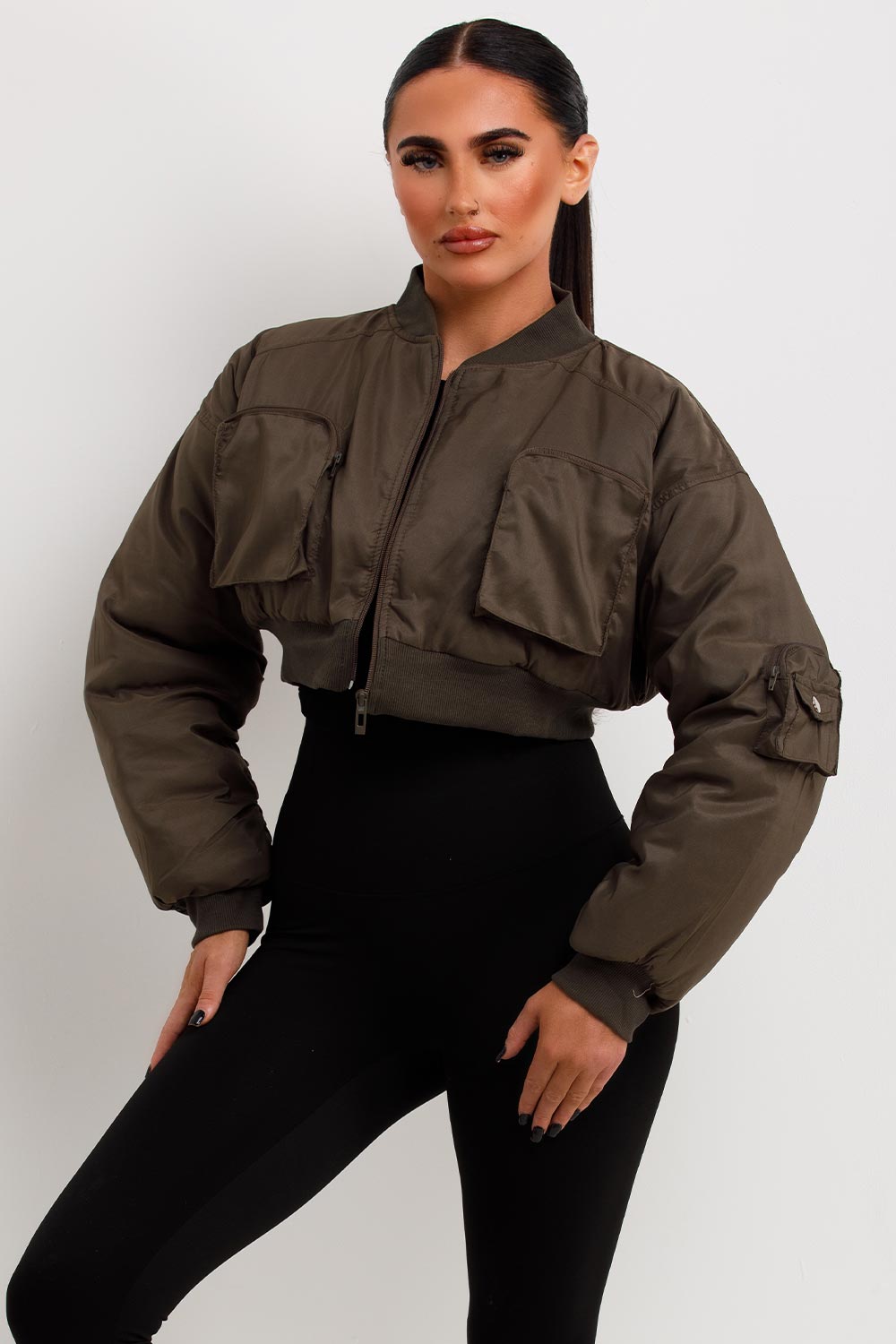 womens crop bomber jacket with utility pockets