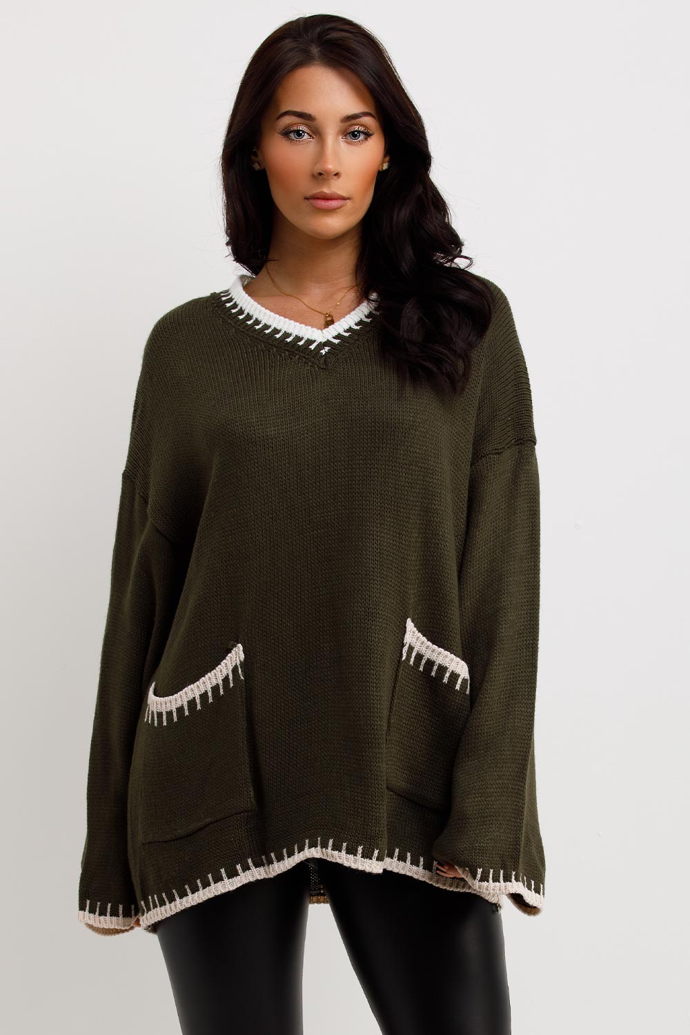 contrast stitch oversized knitted jumper with pockets
