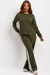 long sleeve top and wide leg trousers two piece loungewear set with side stripe womens tracksuit co ord