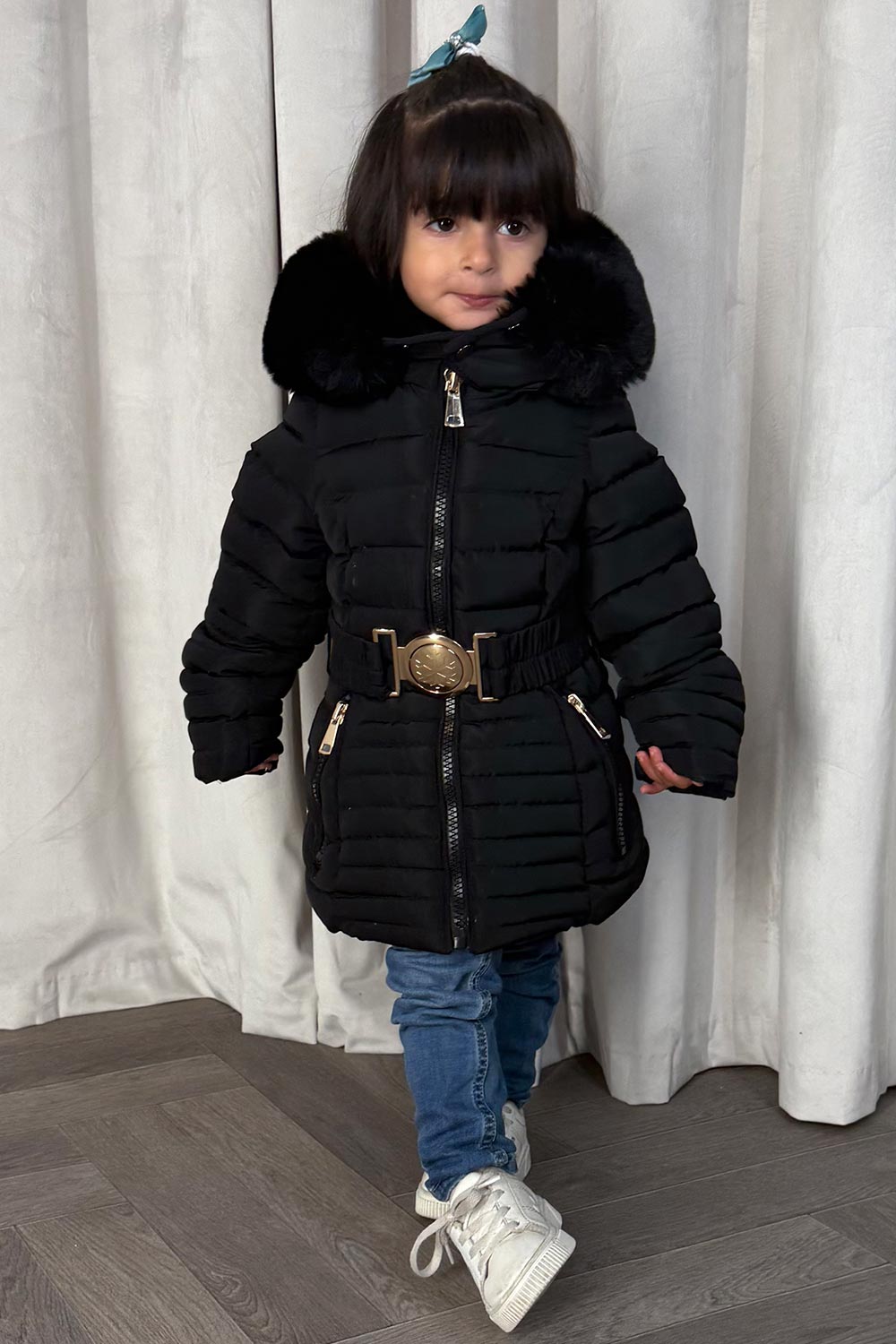 black faux fur hood coat with belt 2 years onwards back to school outerwear mini me outfit