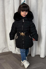 black faux fur hood coat with belt 2 years onwards back to school outerwear mini me outfit