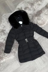 Girls Long Puffer Coat With Fur Hood And Belt