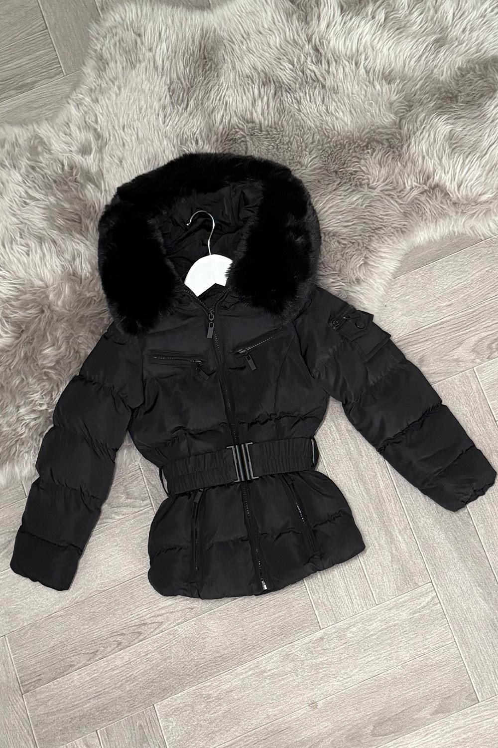 black faux fur hood coat with belt 2 years onwards back to school outerwear mini me outfit