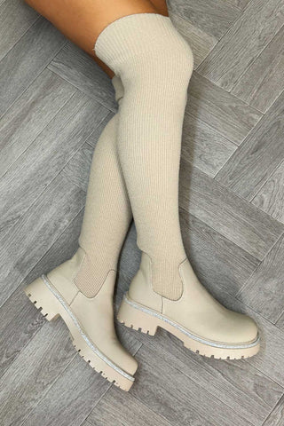 Women's Over The Knee Sock Boots Beige – Styledup.co.uk