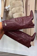 knee high cowboy boots with side zip and gold buckle 