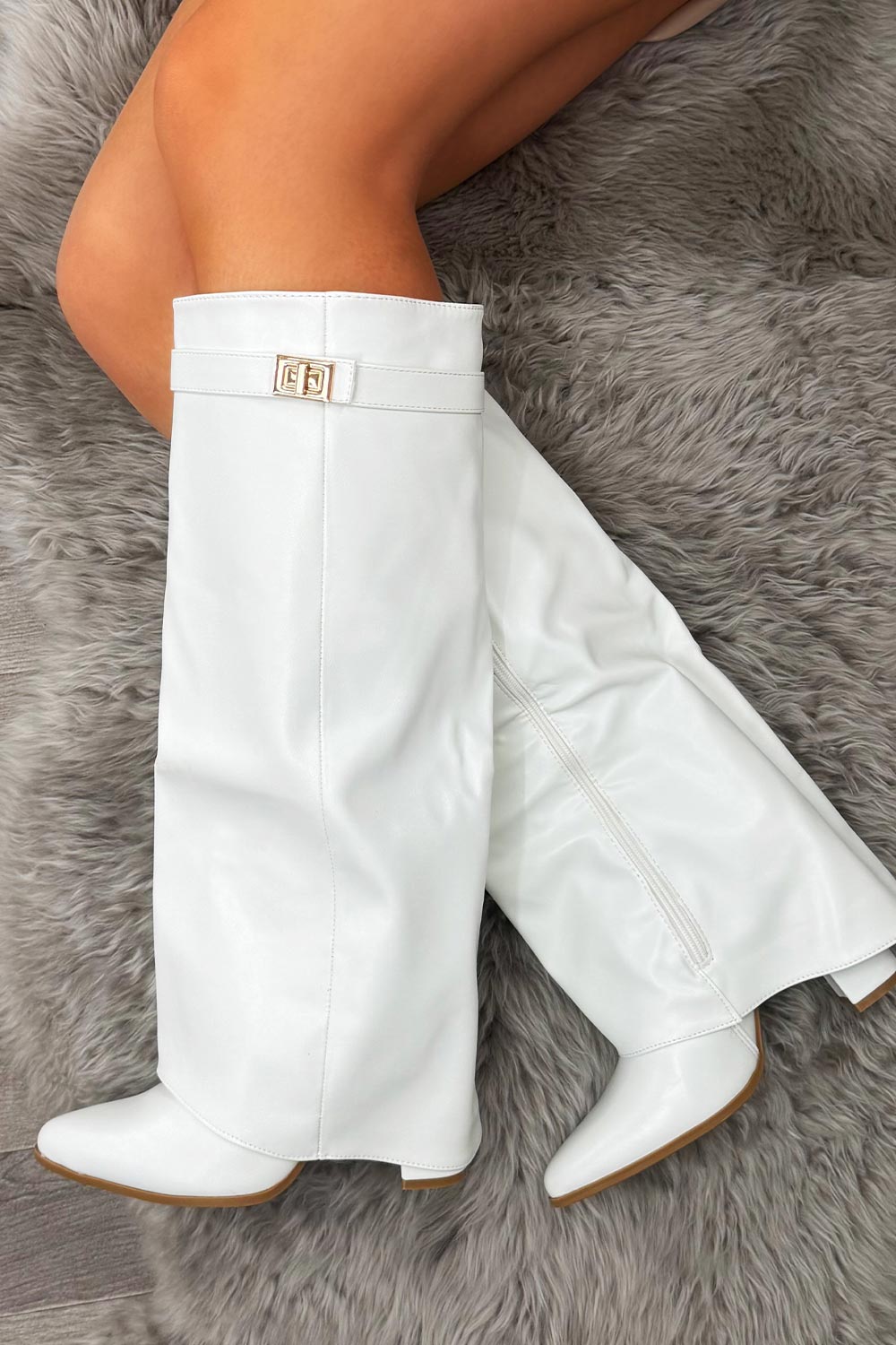 womens white faux leather fold over knee high cowboy boots with gold buckle 