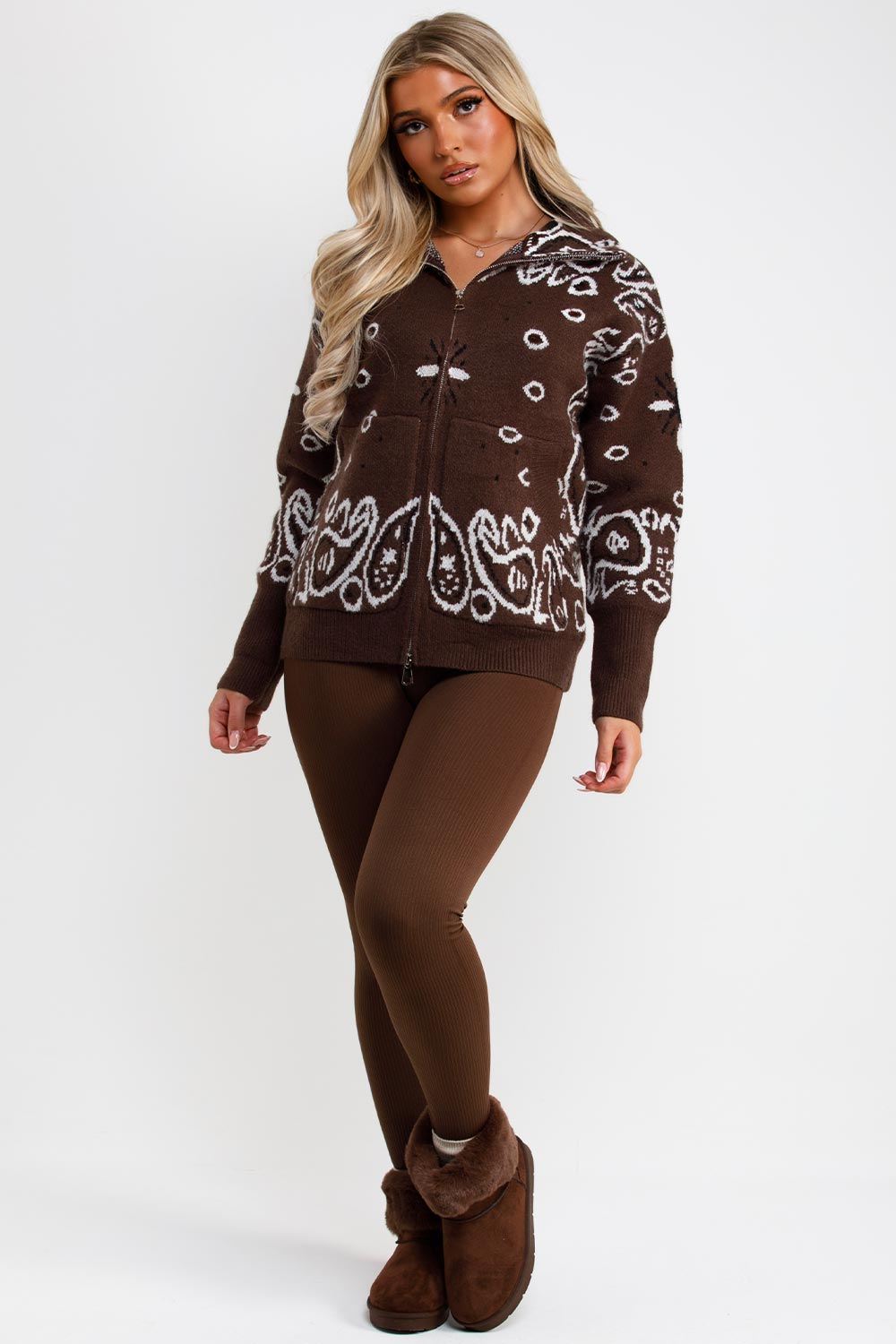 long sleeve knitted jumper cardigan paisley pattern for womens winter outfit