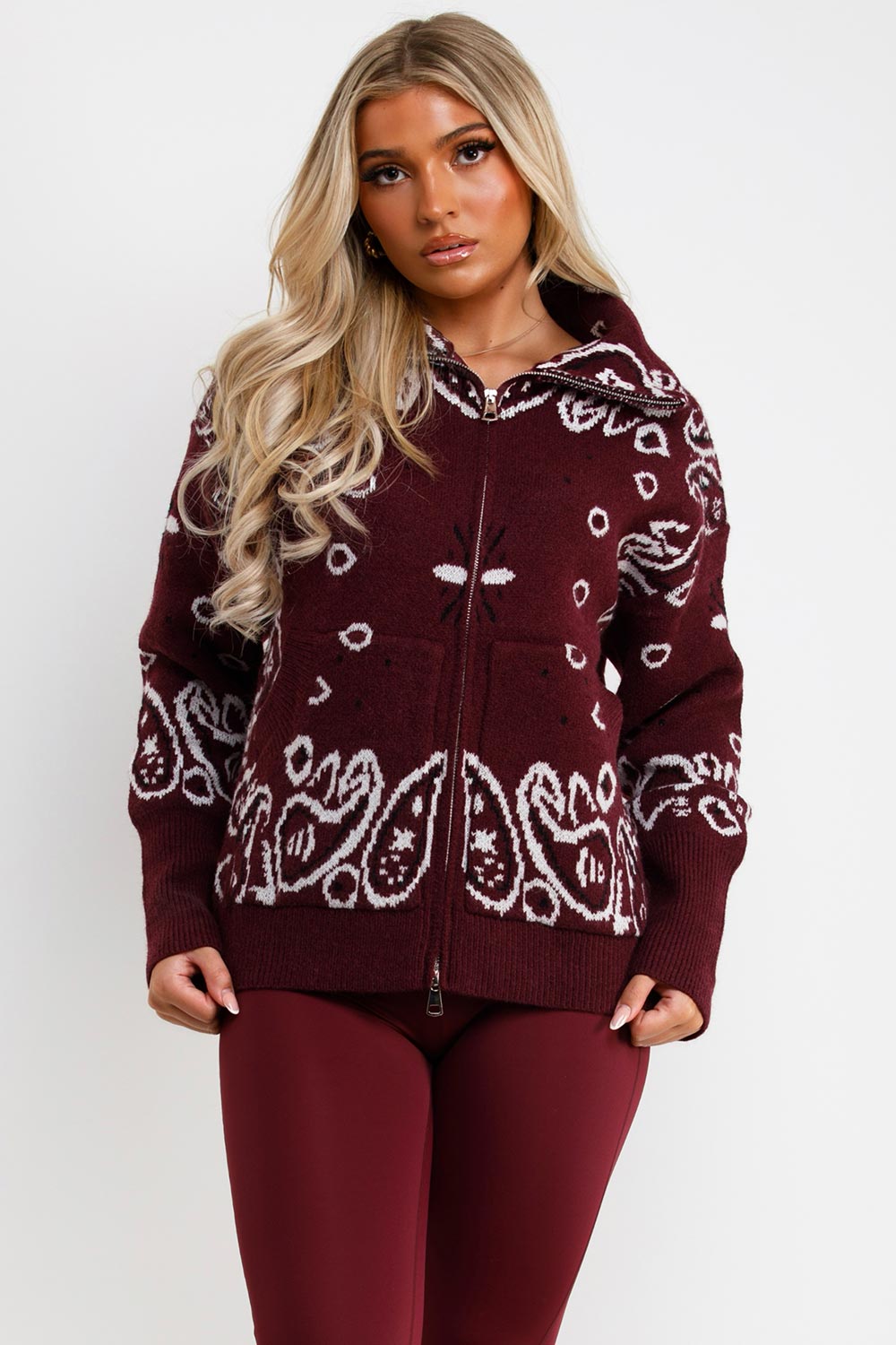 womens paisley long sleeve knitted jumper cardigan with double zip styledup uk
